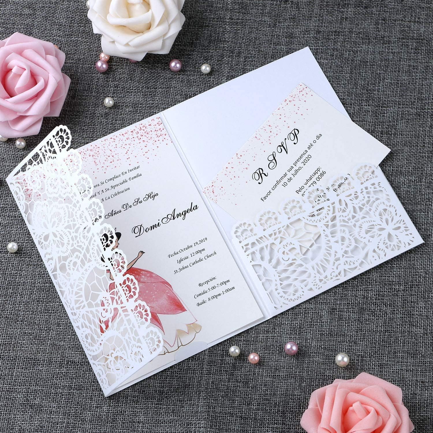 FEIYI 20pcs 3 Folds Laser Cut Lace Flower Pattern Invitations Cards For Birthday Baby Shower Wedding Rehearsal Dinner Invites Birthday Invites (White)