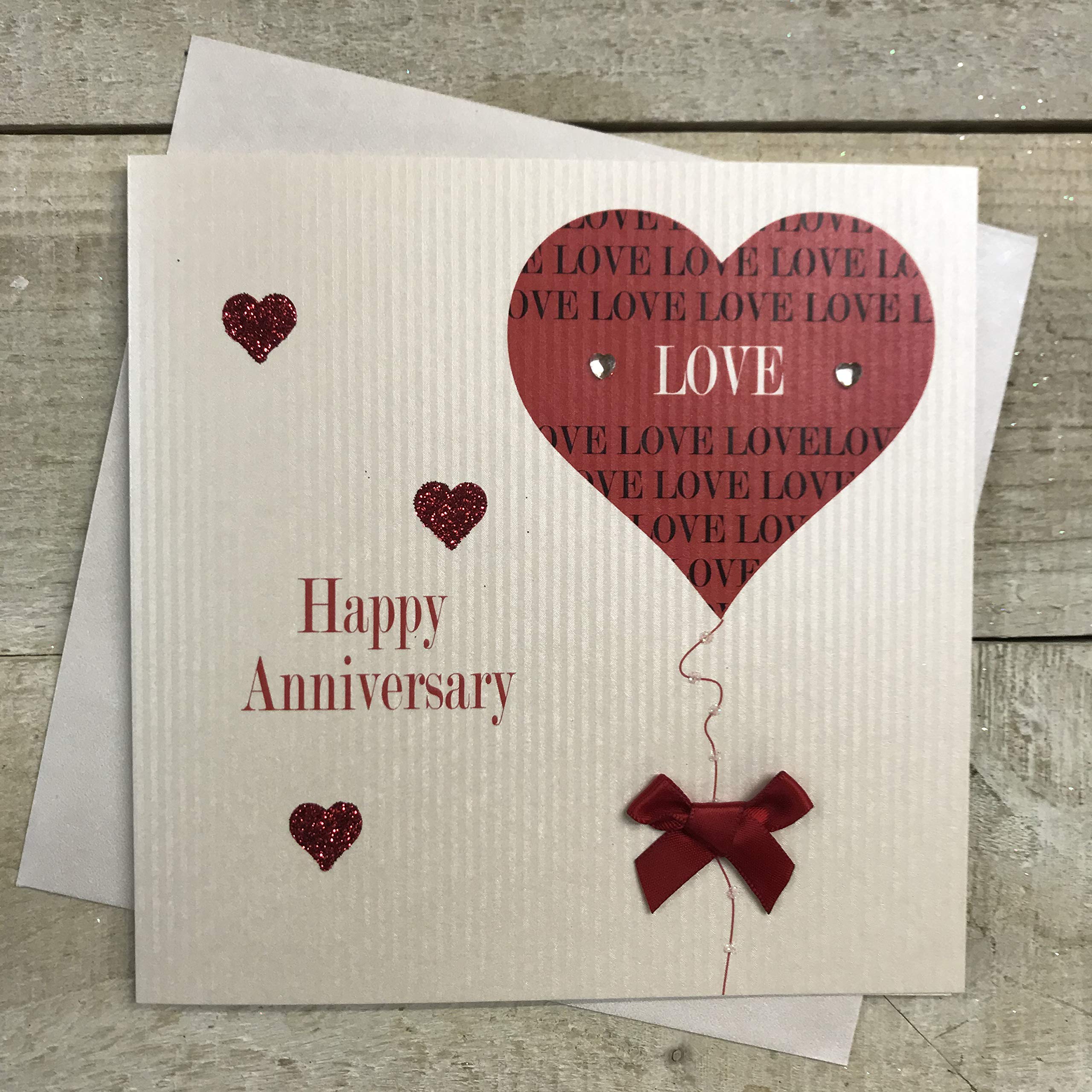 WHITE COTTON CARDS Happy Anniversary Handmade Card with Heart/Love and Balloon, White, PD190
