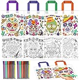 HOWAF Day of The Dead Coloring Gift Bags with 24 （12 Colors） Paint Pens, 12pcs Color Your Own Sugar Skull Tote Bags Dia De Los Muertos Non-Woven DIY Bags for Mexican Halloween Party Favors Activity