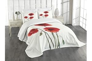 Lunarable Watercolor Flower Bedspread, Poppy Plants Spring Blossoms with Painting Effect Warm Season, Decorative Quilted 3 Piece Coverlet Set with 2 Pillow Shams, Queen Size, Green White