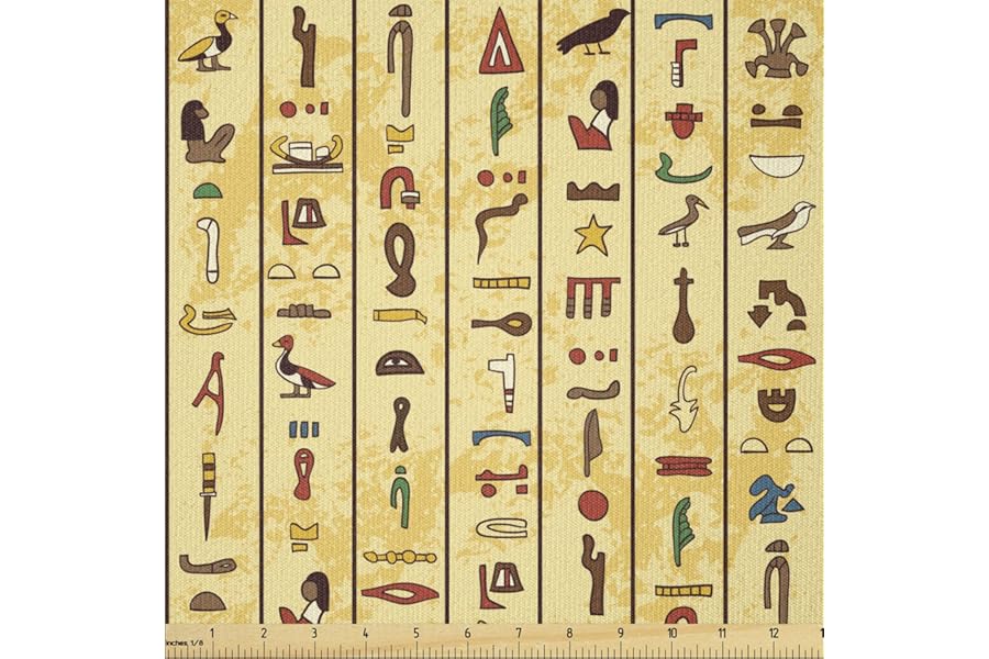 Ambesonne Egyptian Print Fabric by The Yard, Colorful Hieroglyphics on Papyrus Old Paper Style Background Cairo Culture, Stretch Knit Fabric for Clothing Sewing and Arts Crafts, 1 Yard, Beige
