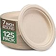 Paper Plates, 100% Compostable Heavy Duty, Disposable 7 Inch, Small Dessert Plate - [125-Pack] - {PFAS-Free} - {BPI Certified} Eco-Friendly, Biodegradable Bagasse Natural Brown 7" Small Plates