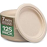 100% Compostable 7 Inch Paper Plates [125-Pack] Heavy-Duty Plate, Natural Disposable Bagasse Plate, Eco-Friendly Made of Suga