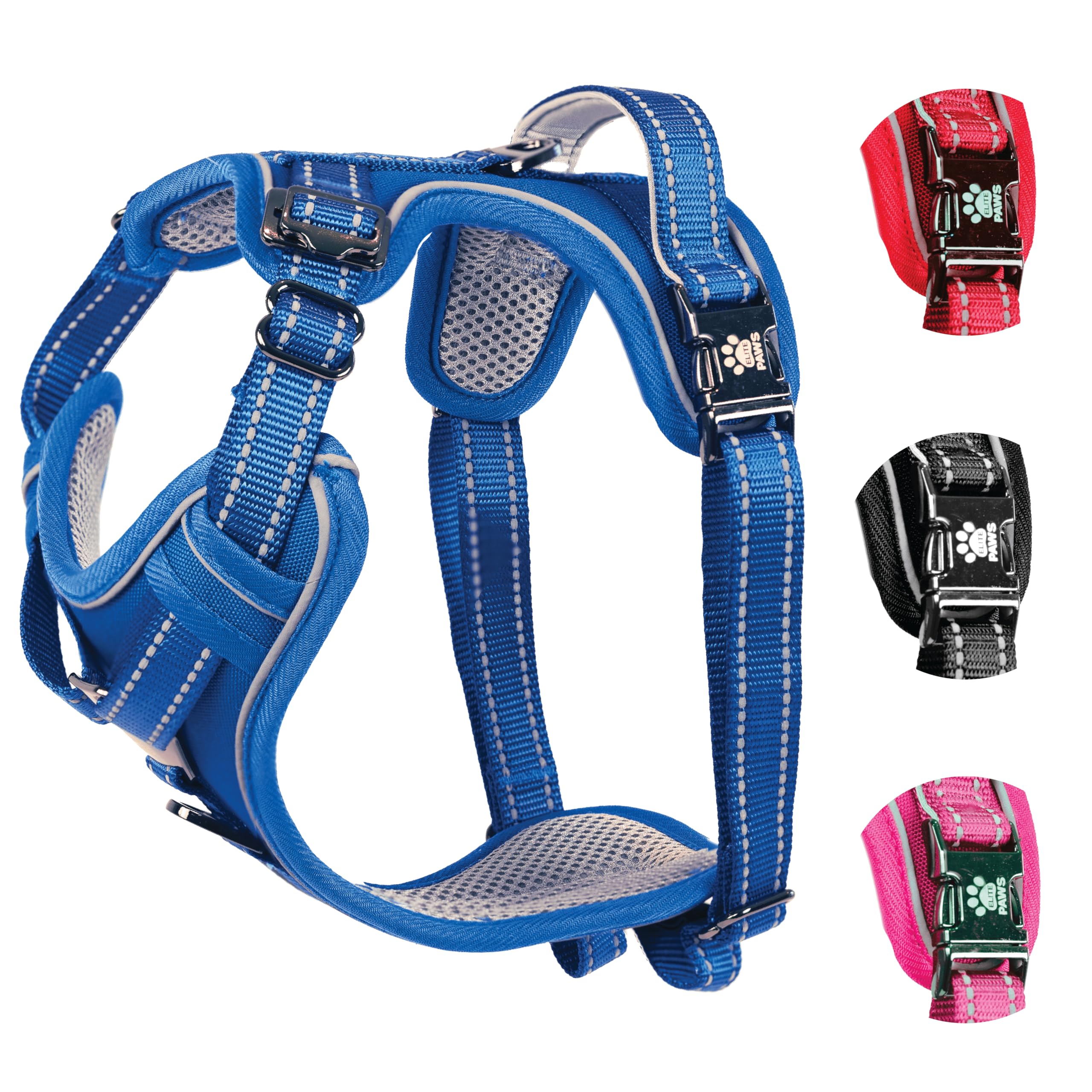 Elite Paws® UK: Premium Metal Buckle Dog Harness, Strong, Safe, Padded, Comfortable, Adjustable, Reflective, Front/Back Lead Attachments, Soft Handle, Pet Walking Vest/Training Product (Blue, Medium)