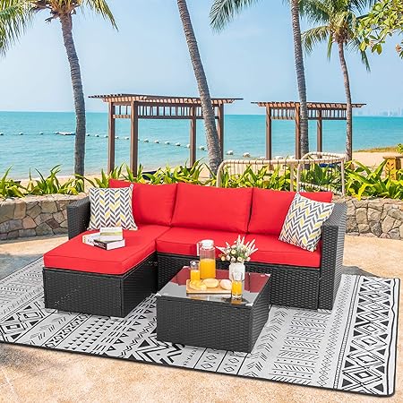 Amazon Com Walsunny Outdoor Furniture Patio Sets Low Back All Weather Small Rattan Sectional Sofa With Tea Table Washable Couch Cushions Upgrade Wicker Black Rattan 3 Piece Red Garden Outdoor
