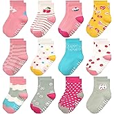 LIFPAU Non Slip Toddler Socks with Grip Boys Girls 12 Pairs Anti Skid Crew Socks Baby Kids Children Cartoon Pattern