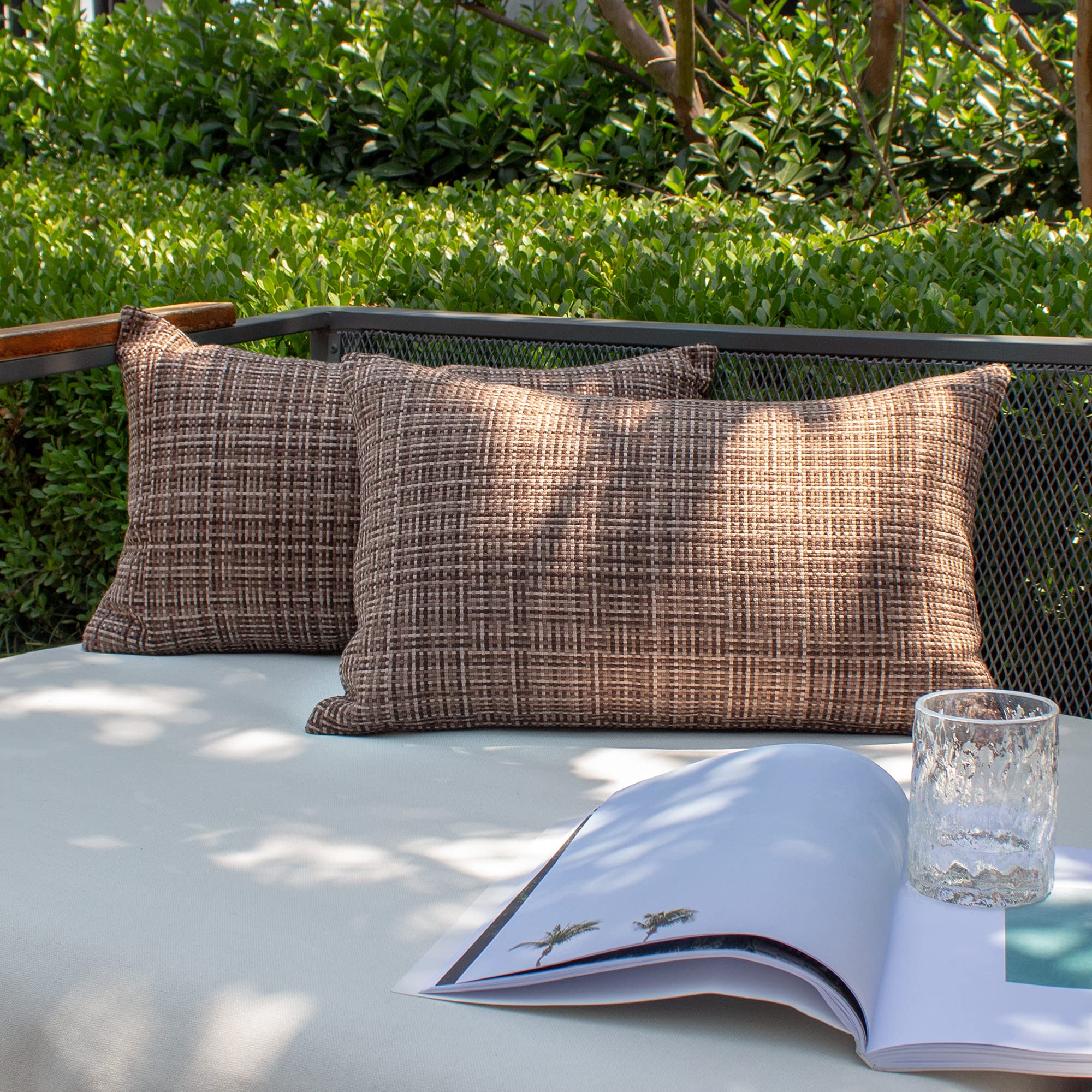 Photo 1 of Kevin Textile Pack of 2 Decorative Outdoor Waterproof Throw Pillow Covers Lumbar Pillowcases Modern Cushion Cases for Patio Couch Bench 12 x 20 Inch Brown