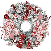 24" Artificial Christmas Wreath with Red Candy Accents, Double Ribbon Bows, Pine Cones & Ornaments, White Cedar Base for Christmas Thanksgiving Winter Holiday Front Door and Wall Decoration