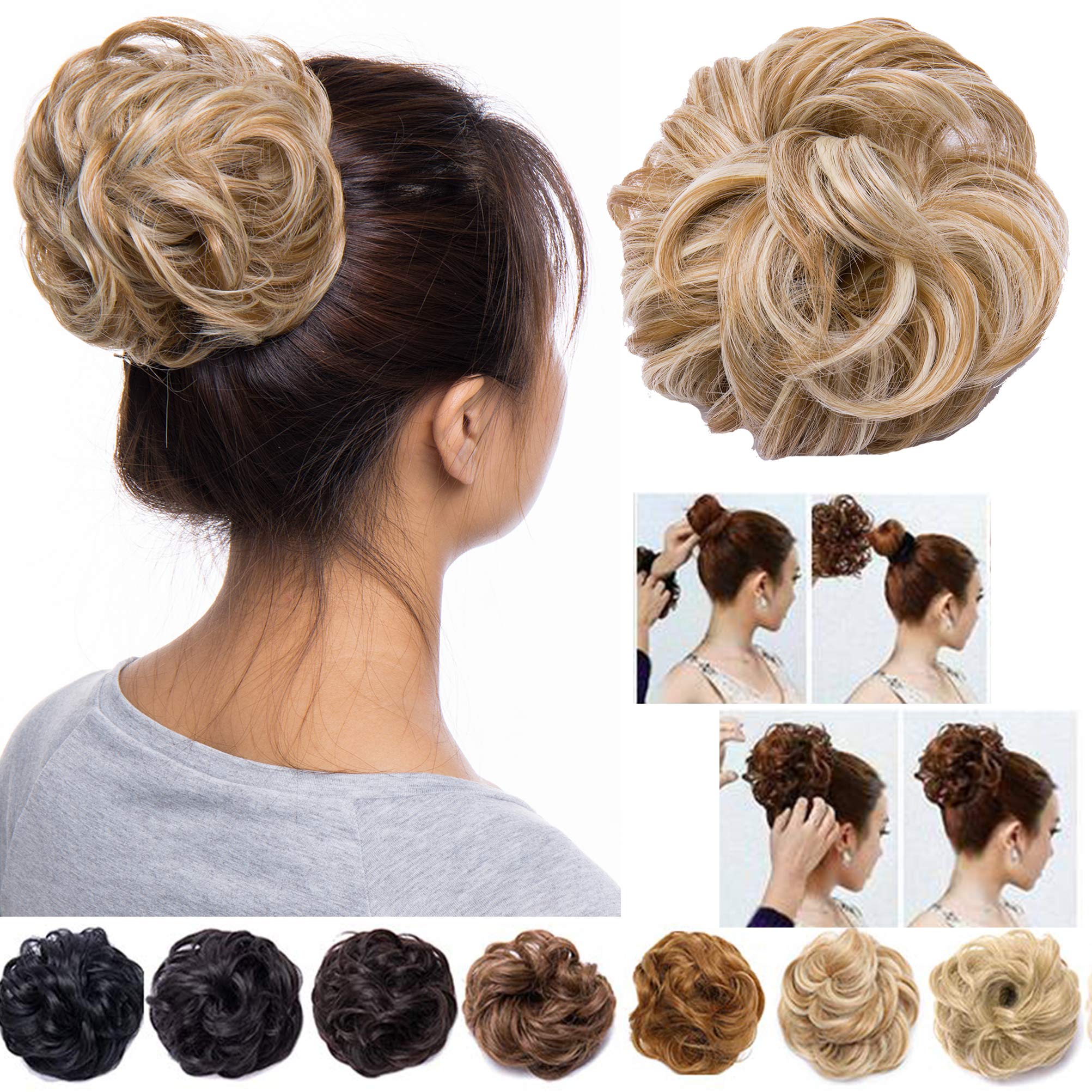 Messy Hair Bun Synthetic Extension Scrunchy Donut Curly Wavy Updo Elastic Scrunchie Thick Full Wedding Hair Pieces Bridal Hairpiece Easy Bun Updos Chignon Coffee Brown mix Bleach Blonde