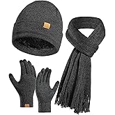 Women's Winter Knit Beanie Hat Touchscreen Gloves Long Neck Scarf Set Warm Soft Knit Beanie Cap for Cold Weather