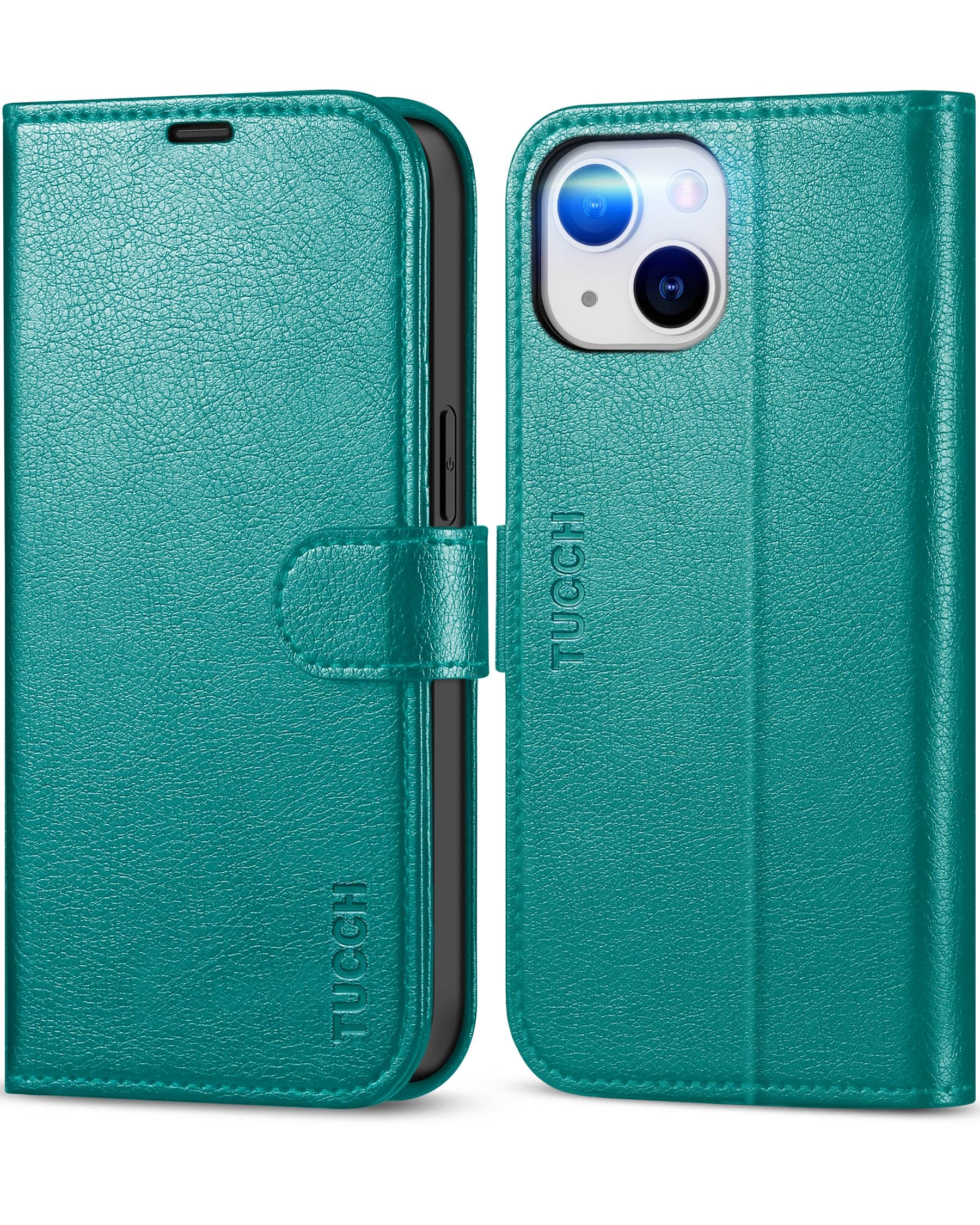 TUCCH Case for iPhone 13 (6.1") 2021, Protective PU Leather Wallet Folio Flip Folding Cover with RFID Blocking[Credit Card Slots]Magnetic Viewing Stand[Shockproof TPU]Compatible with iPhone 13, Cyan