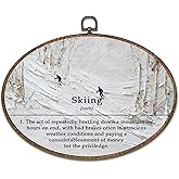 kdqua Vintage Winter Ski Oval Wall Art Decor, Winter Skiing Canvas Artwork Framed, Nature Snowy Mountain Landscape Skiing Wall Hanging Decorations for Home Bedroom Living Room, Ski Lover Gifts, 11.4x8.6 Inch