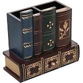 MyGift Decorative Desk Organizer Pen and Pencil Holder with Storage Drawer | Antique Library Book Design stationery storage writing tools caddy drawer compartment classroom workspace accessory supplies