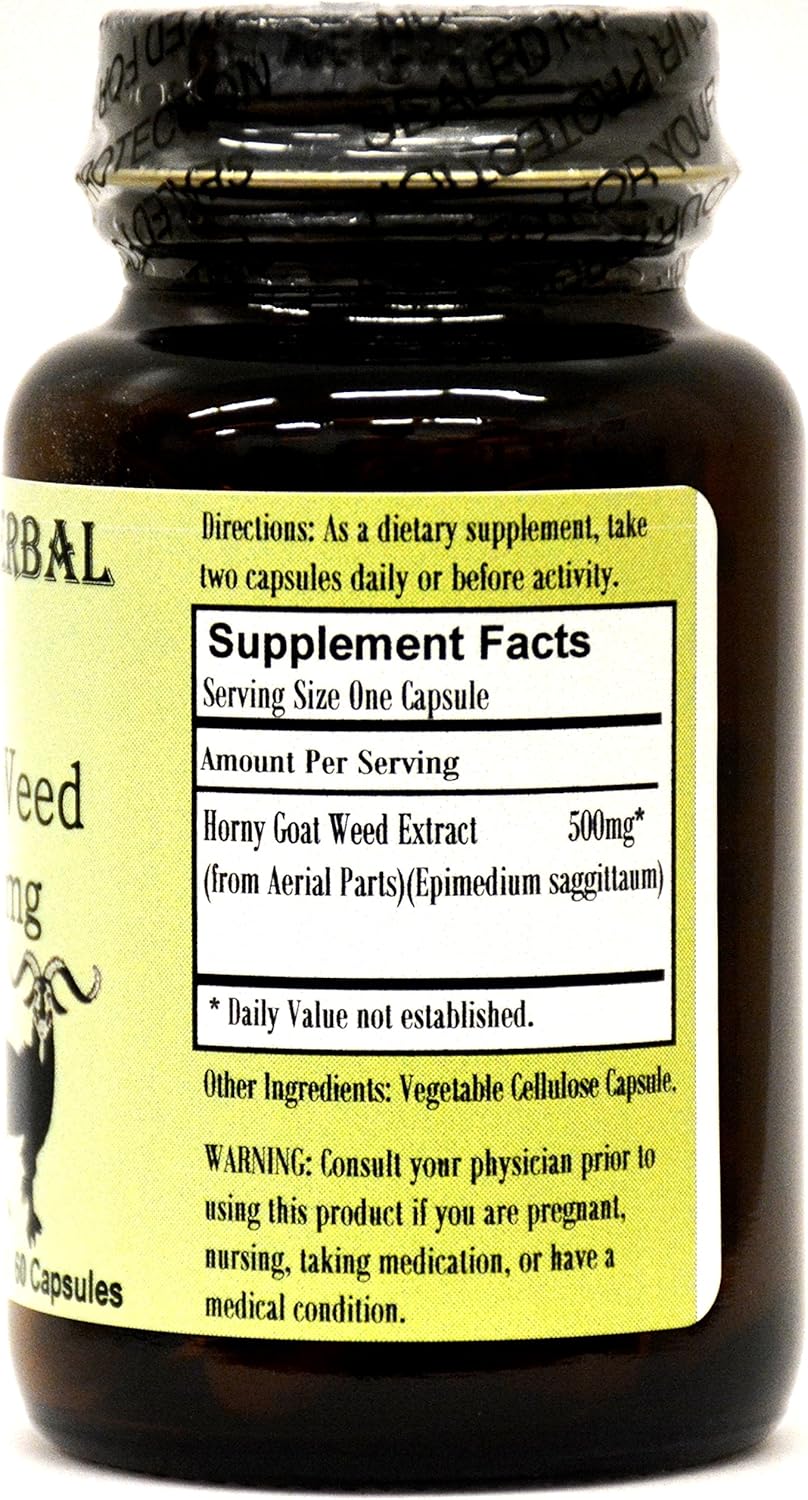 Horny Goat Weed Extract - 20% Icariin - 60 500mg Vegicaps - Stearate Free, Bottled in Glass! Free Shipping on Orders Over $49!: Health & Personal Care