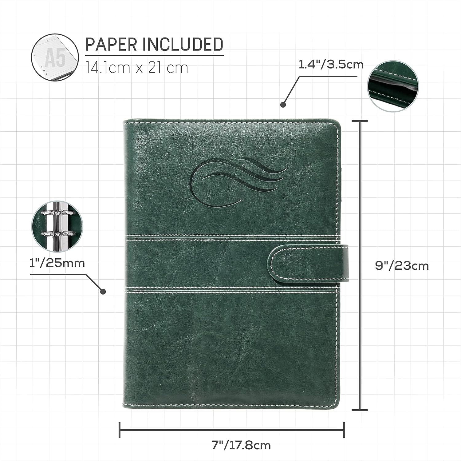 QualityOrganizers A5 Portfolio & Refillable 6 Ring Binder Notebook, with PU Leather Cover for Men and Women (Green) : Office Products