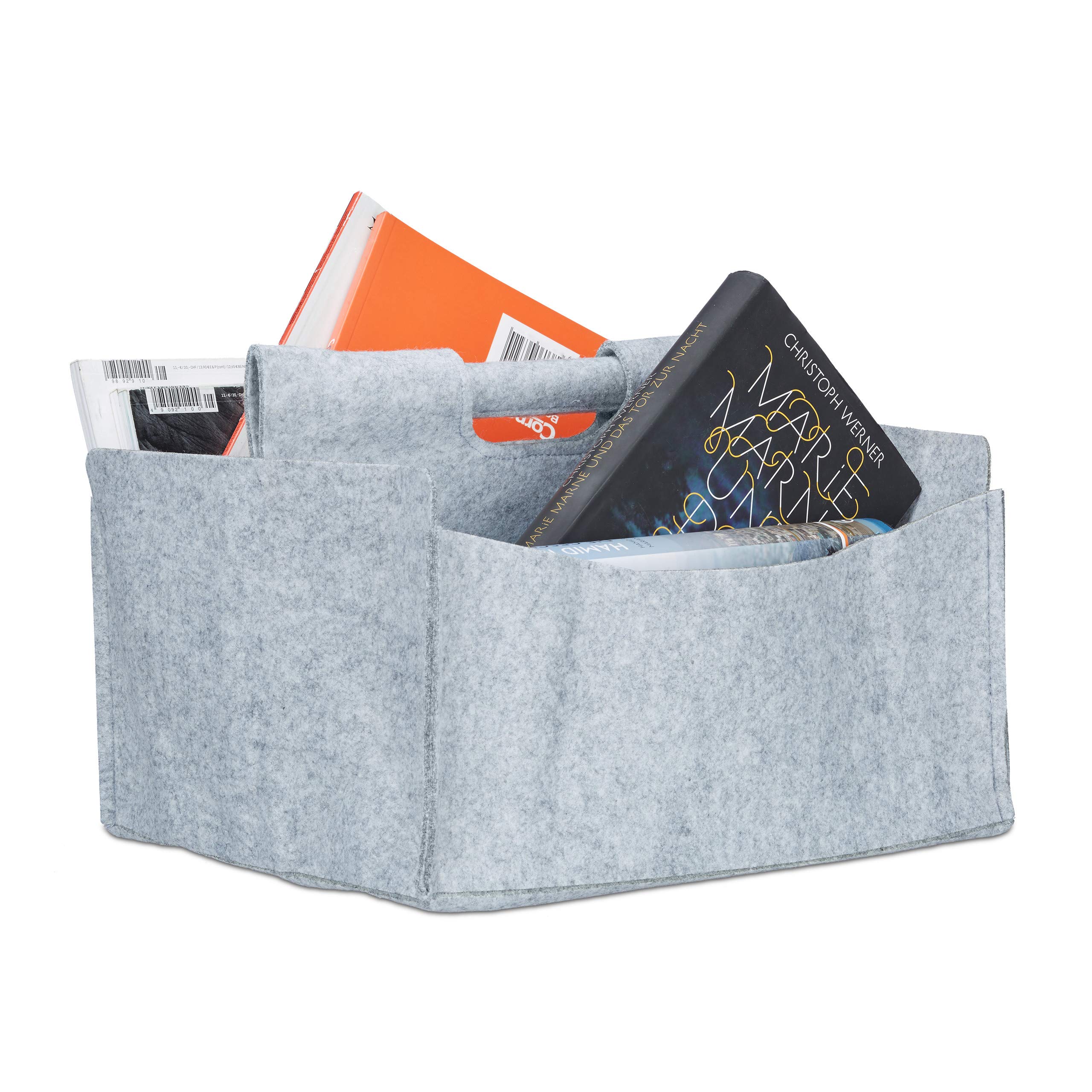 Relaxdays Felt Newspaper Basket, HxWxD: 22 x 32 x 99 cm, 2 Compartments, 1 Handle, Foldable Magazine Holder, Grey