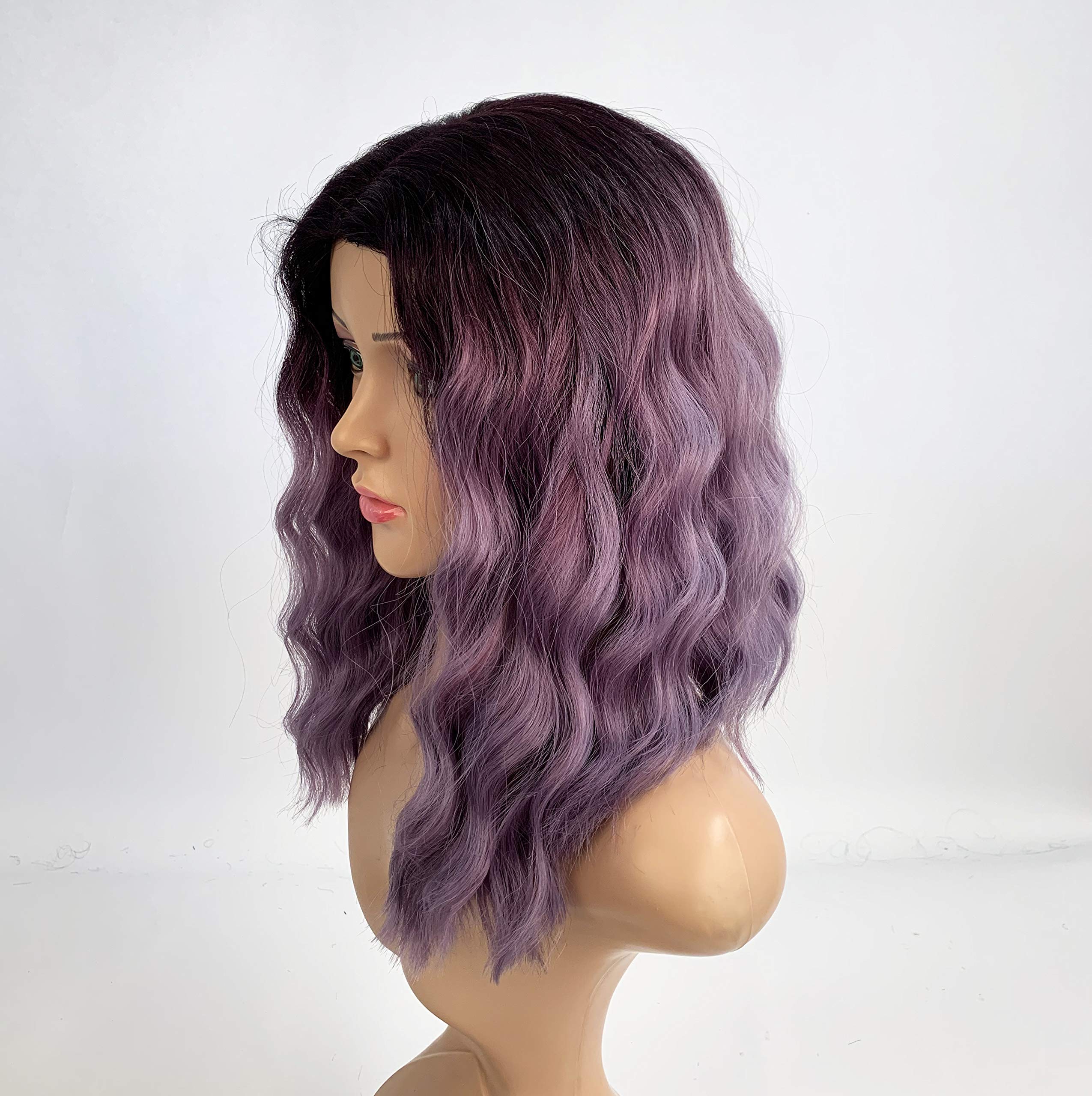 SLEEK Syntietic Wig 13-14'' Inches Lace Partng Wig With Baby Hair Water Wave Curly Wig For Women Purple Wig Shorter At the Back Heat Resistant Fiber 152G-TT99J/PURP