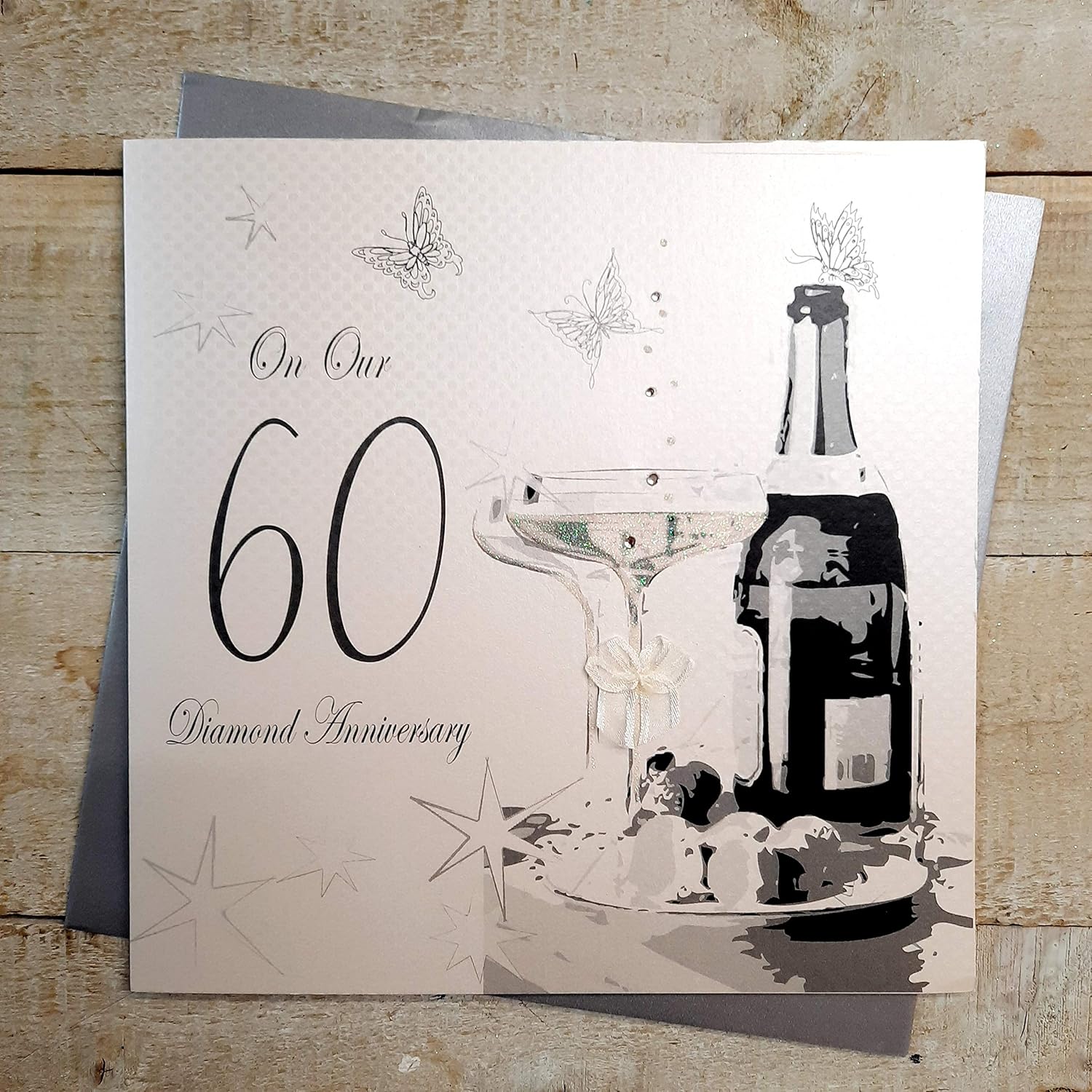 white cotton cards On Our Diamond Wedding, Large Handmade 60th Anniversary Card (Champagne & Chocolates), 22cm x 22cm