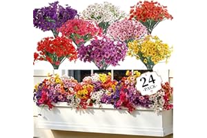 24 Bundles Artificial Flowers for Outdoors/Indoors, Fake Flowers Plants for Indoor Outside Garden Porch Window Box Home Weddi