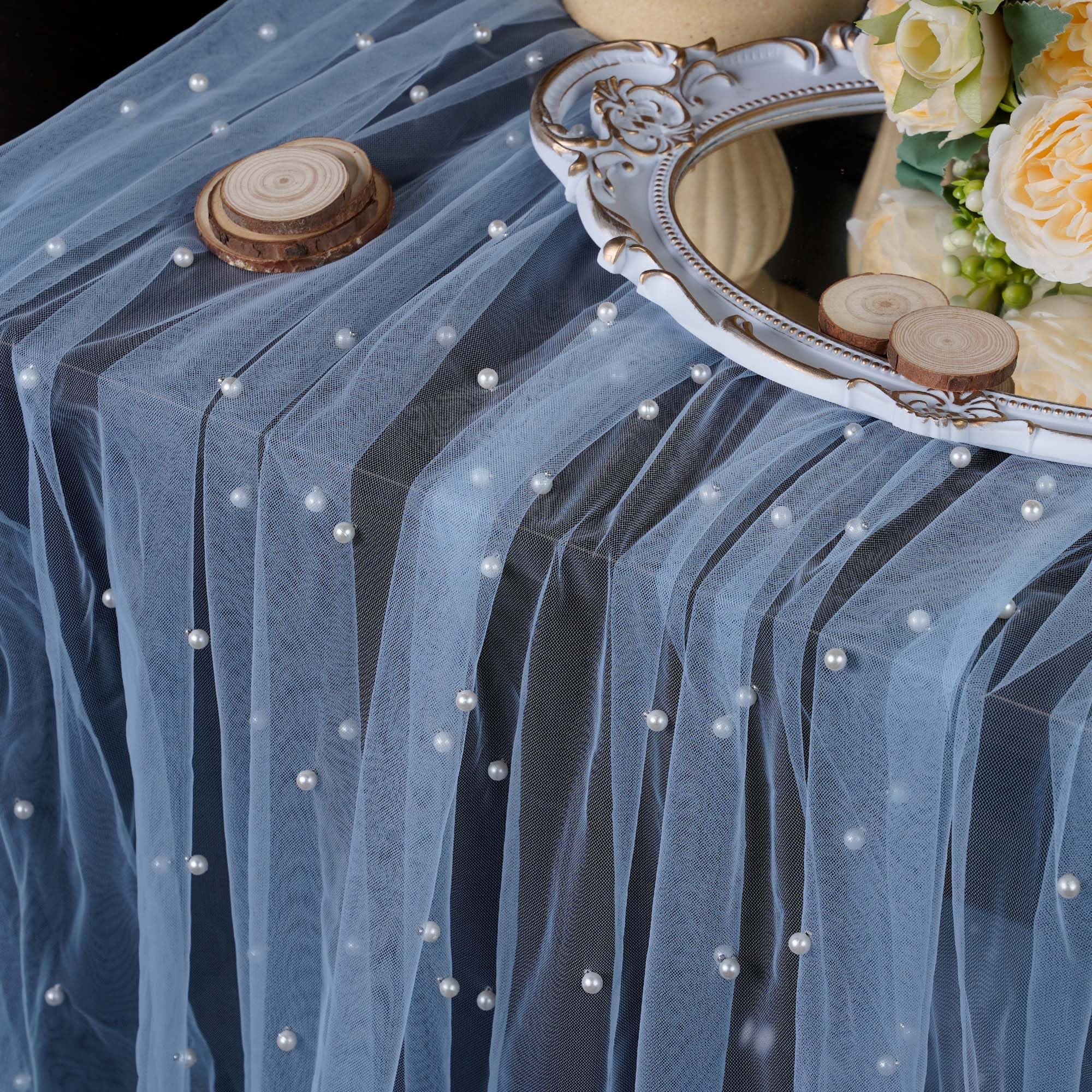 Photo 1 of OSVINO 10ft Pearl Tablecloth Sky Blue Lace 63x120 inches Long Beaded Tulle Dessert Table Cloth Romantic Wedding Veil Tulle Arch Decorations Bridal Shower Holiday Birthday Party Décor