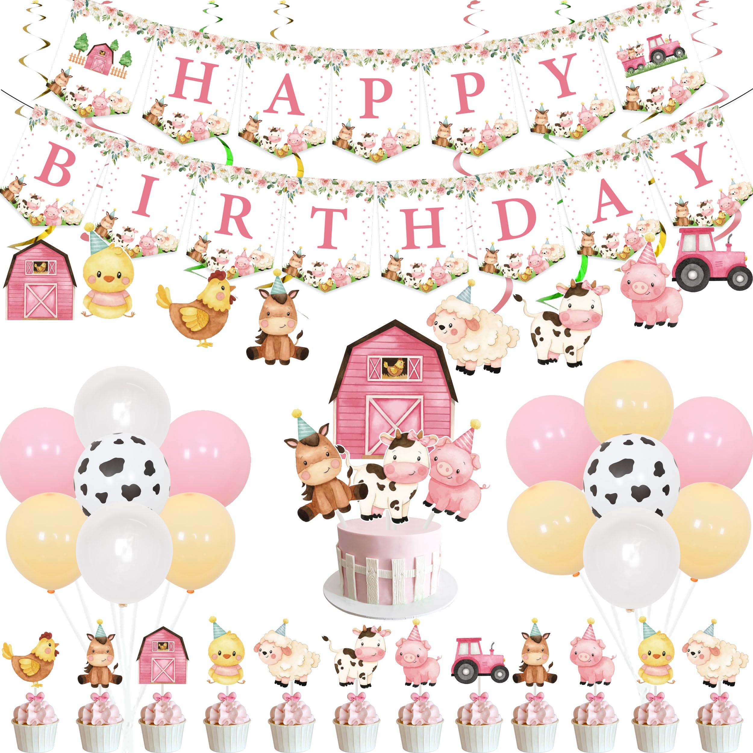Kreatwow Pink Farm Animals Birthday Decorations Farmhouse Floral Theme Happy Birthday Banner Hanging Swirls Cake Cupcake Toppers Cow Print Balloons for Barnyard Theme 2nd 3rd Bday Party