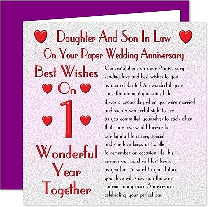 Daughter Son In Law 1st Wedding Anniversary Card On Your Paper Anniversary 1 Year Sentimental Verse Amazon Co Uk Office Products