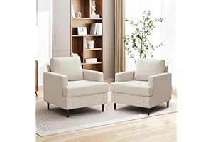 Weture Mid-Century Accent Chair,Modern Linen Fabric Armchair for Living Room,Comfy Upholstered Reading Accent Chairs for Bedroom,Single Sofa Chair with Wood Legs (Beige, 2 Pack)