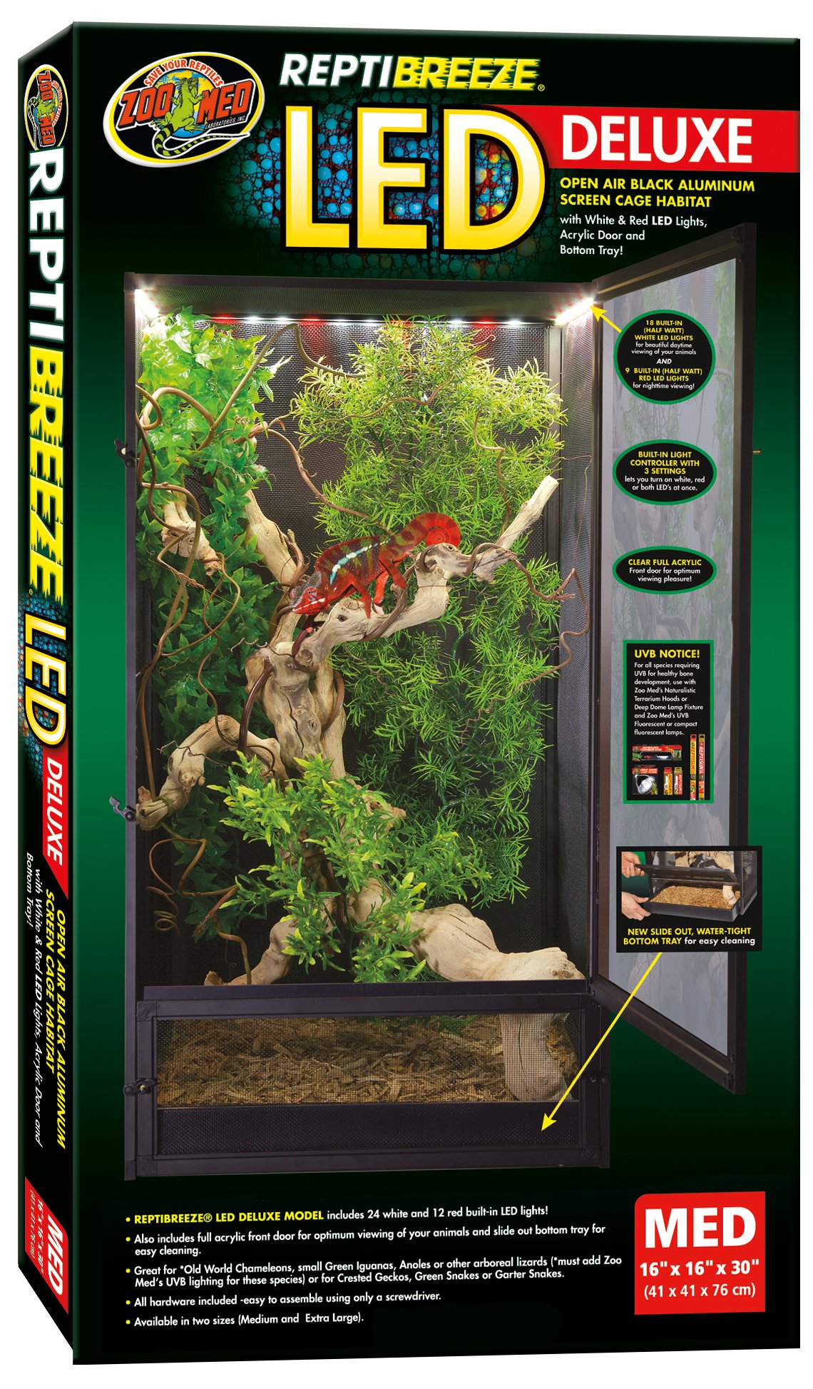 Zoo Med ReptiBreeze LED Deluxe Open Air Aluminum Screen Habitat, Medium 16 L x 16 W x 30 H