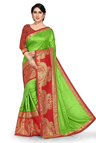Womens Peacock Pattern Zari Woven Silk Blend Lace Border Saree With Contrast Blouse Piece (11835 - Green - Free Size)