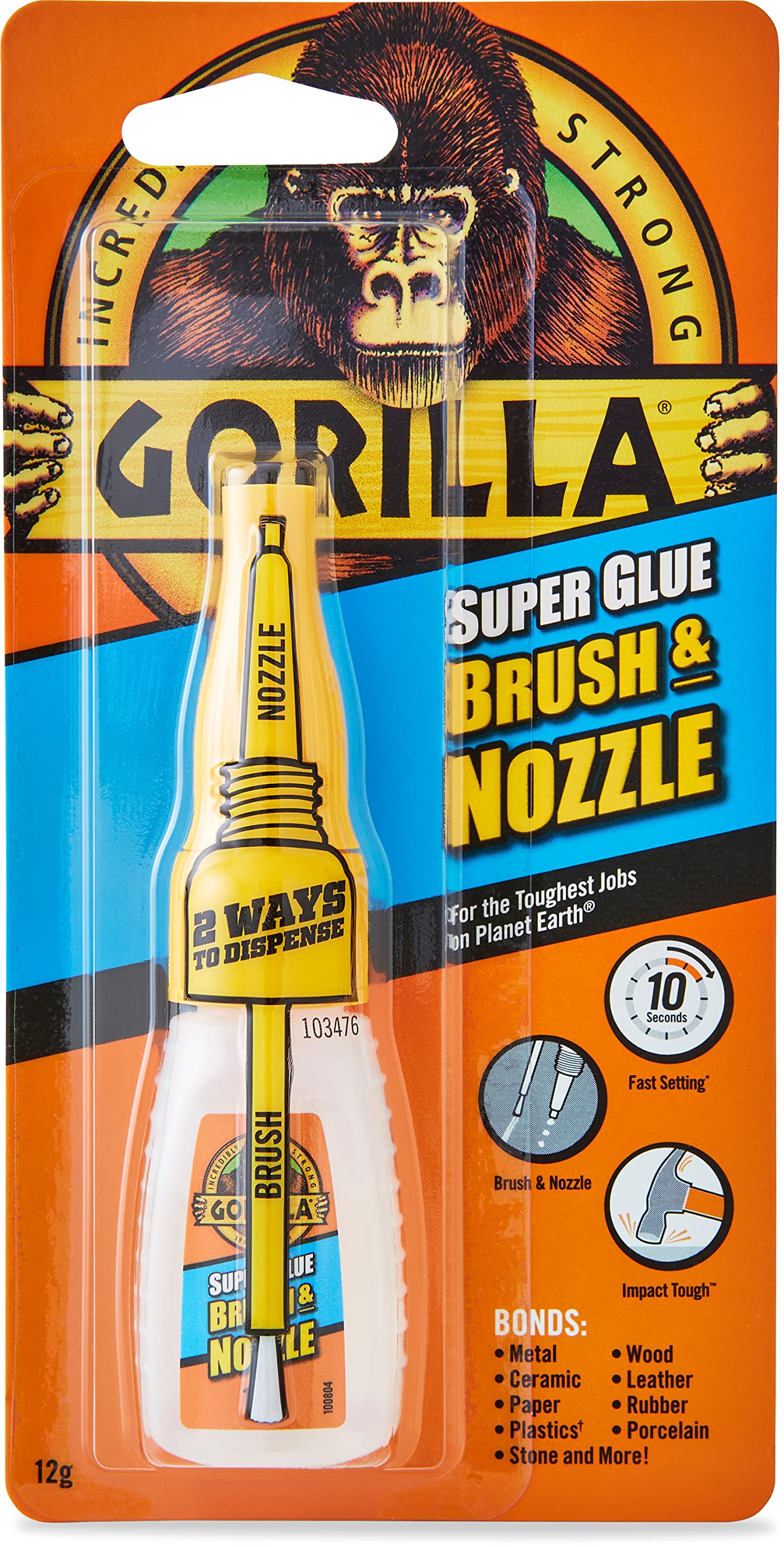 Gorilla Super Glue 2-in-1 Brush & Nozzle, 12g – All Purpose, Fast Setting, Dual Application with Anti-Clog Cap | Ideal for Metal, Ceramics, Leather & More