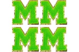 Jongdari Letter Patches Varsity Chenille Iron on Letters Patchs for Clothing, 4pcs English Letter M with Gold Glitters Border, Alphabet Sewing Appliques (Green M)