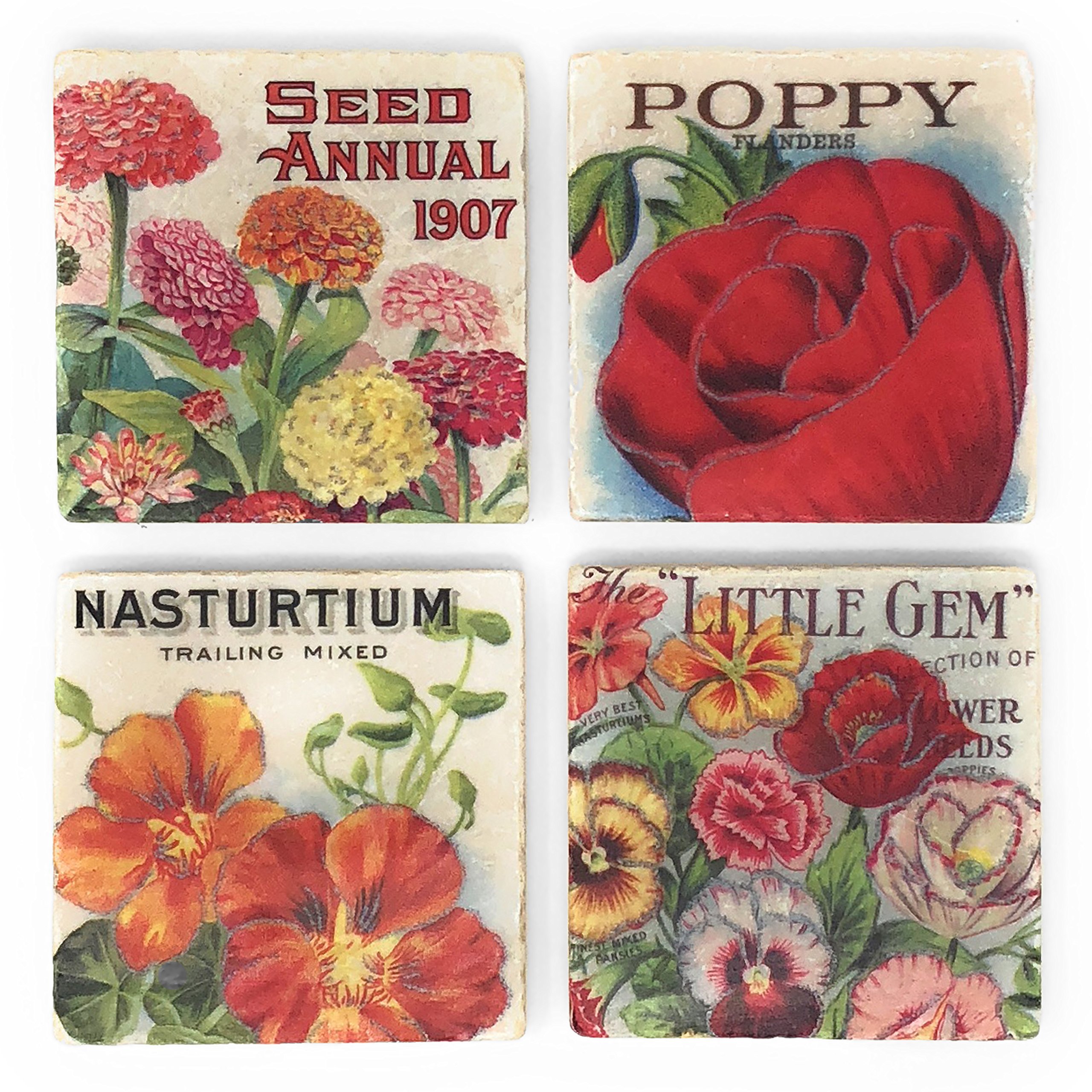 Studio Vertu Vintage Flower Seed Packets Marble Coasters, Set of 4