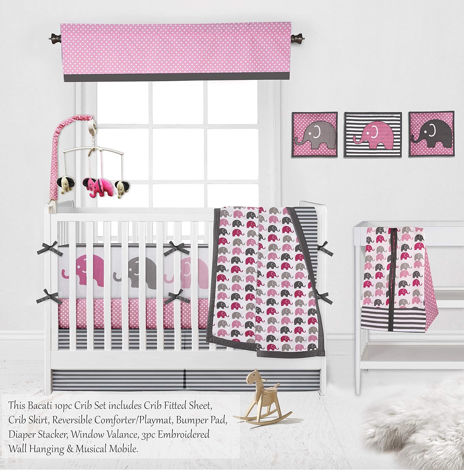 Bacati - Elephants Pink/Grey 10-Piece Nursery in a Bag Girls Baby Nursery Crib Bedding Set with Bumper Pad : Baby