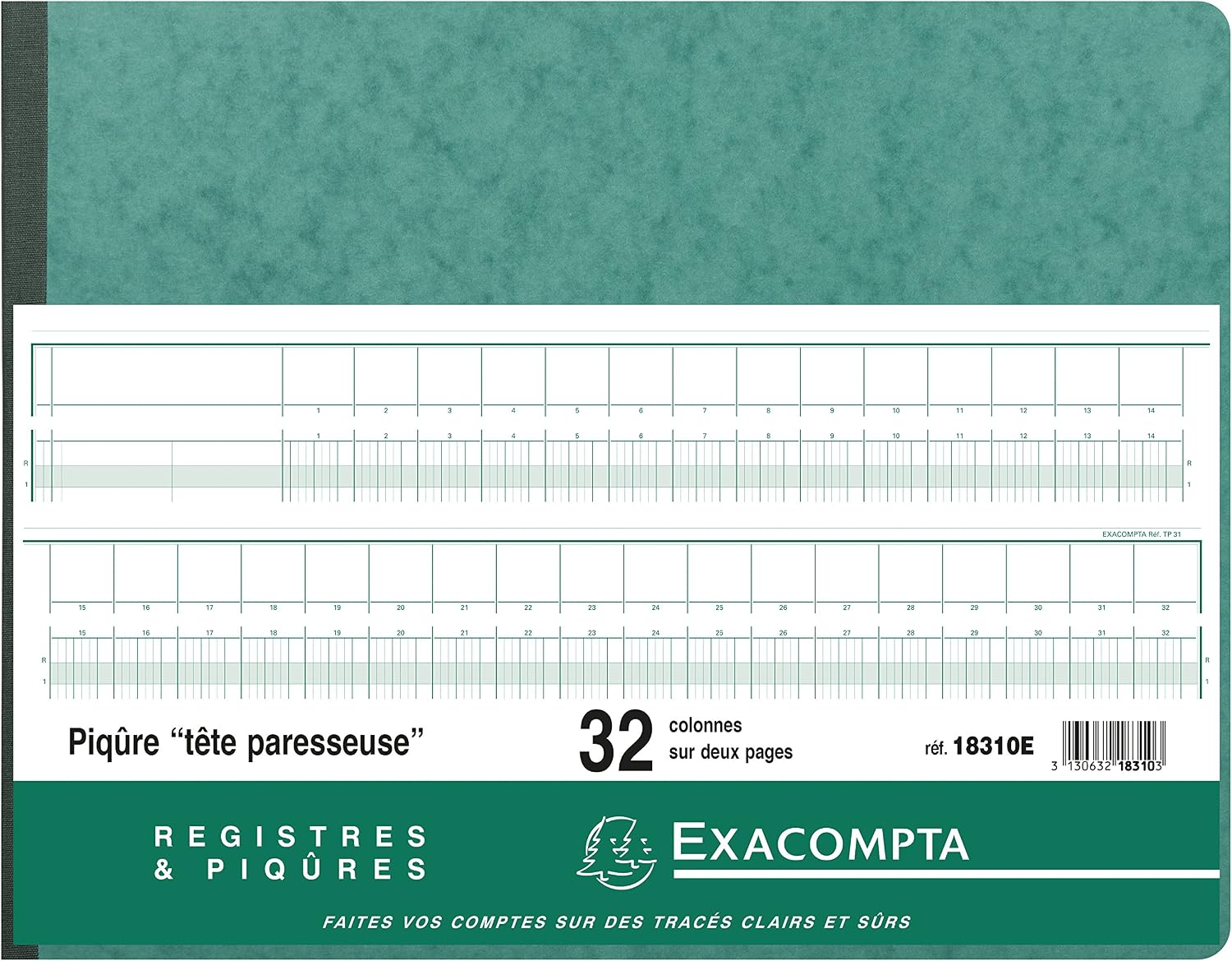 Exacompta, Ref. 18310E, 1 Lazy head stitch 32 columns on 2 pages, 35 lines, 80 foliated pages, horizontal format 297 x 380 mm