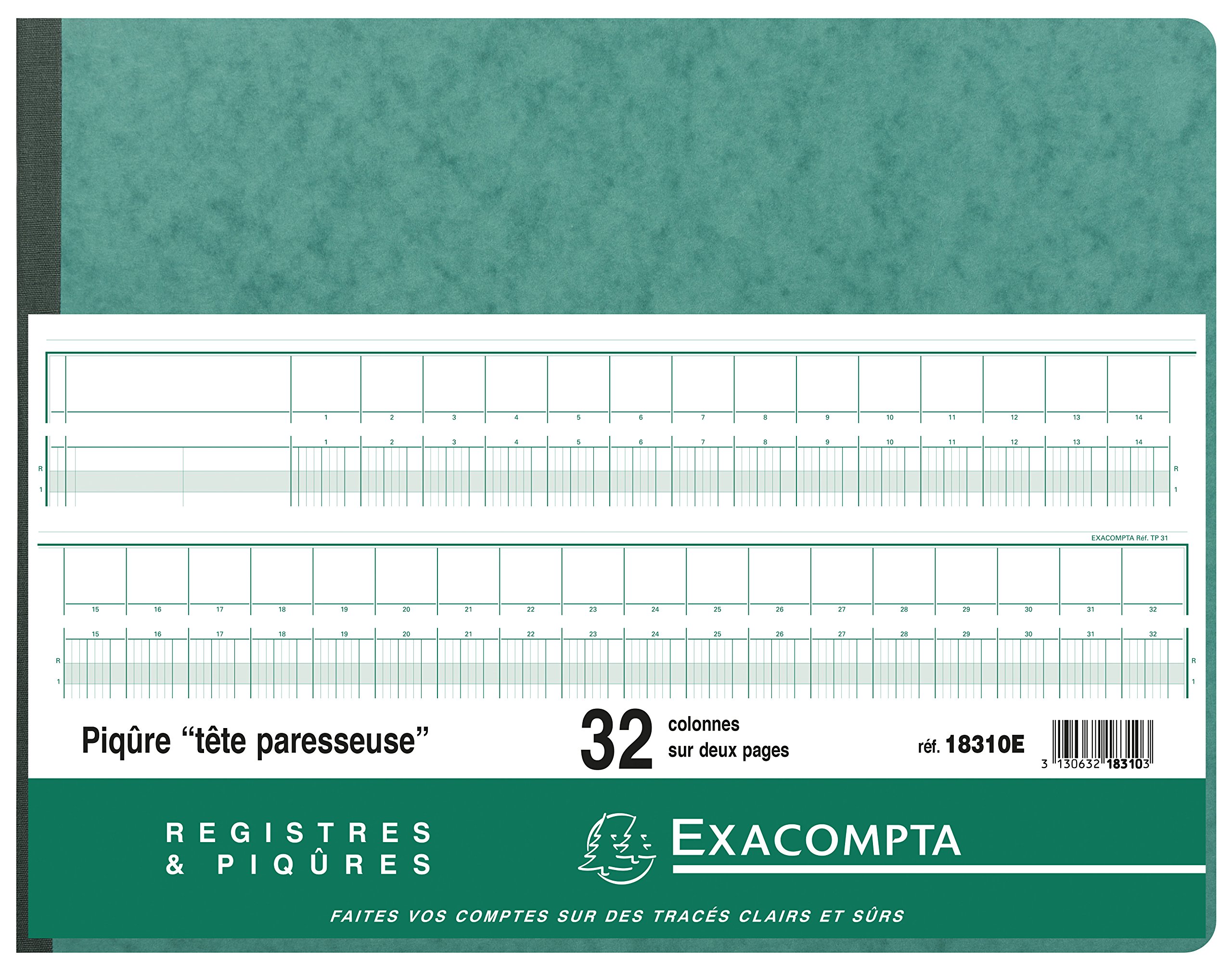 Exacompta - Ref. 18310E - 1 Lazy head stitch 32 columns on 2 pages - 35 lines - 80 foliated pages - horizontal format 297 x 380 mm - 4 random colours, yellow, blue, red, green