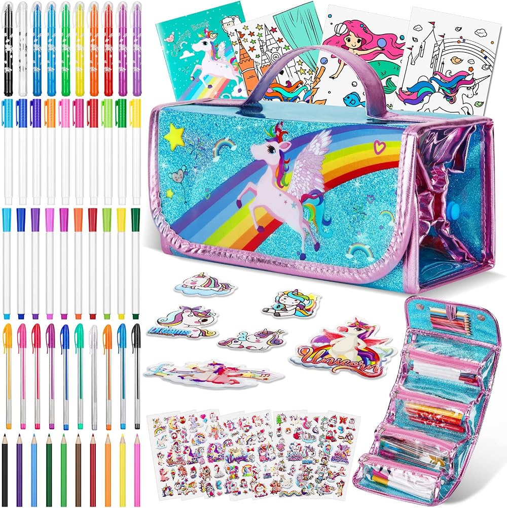 Auney Unicorn Art Set for Girls 3-8+ Yrs - 60pc Pencil Case, Markers, Crayons,