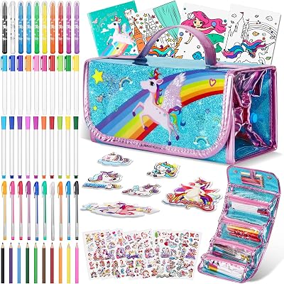 Auney Unicorn Art Set for Girls 3-8+ Yrs - 60pc Pencil Case, Markers, Crayons,