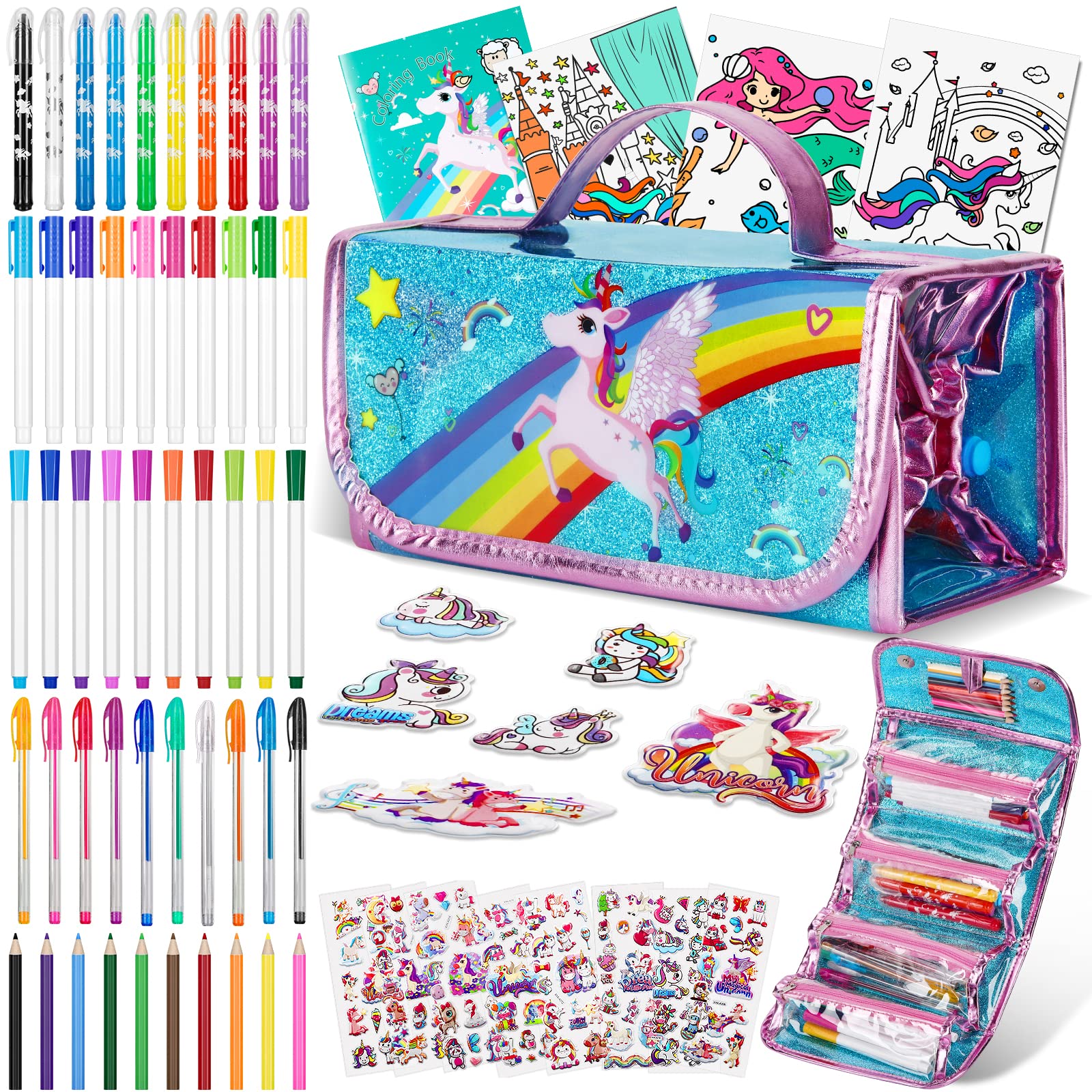 Auney Unicorn Gifts for Girls 3 4 5 6 7 8+ Year Old Girls Birthday Presents,Arts Set and Crafts for Kids,60pcs Unicorn Pencil Case with Washable Markers Stationery Set,Drawing Colouring Set for Kids