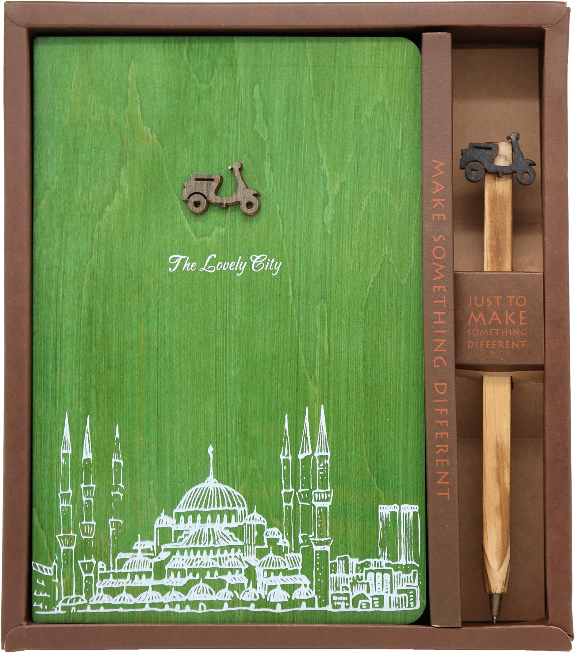 Wooden Notebook and Pen Set - The Lovely City Series | Unique Wood-Covered Notebook & Pen Sets Available in Four Different Colors & Styles | Blank White/Brown Pages, No Lines (Scooter Green)