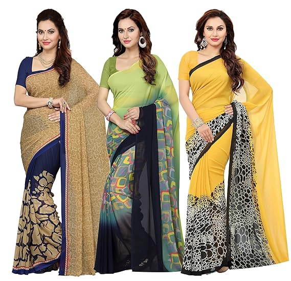 Combo of 3 Multicolor Poly Georgette Printed Women Saree/Sari