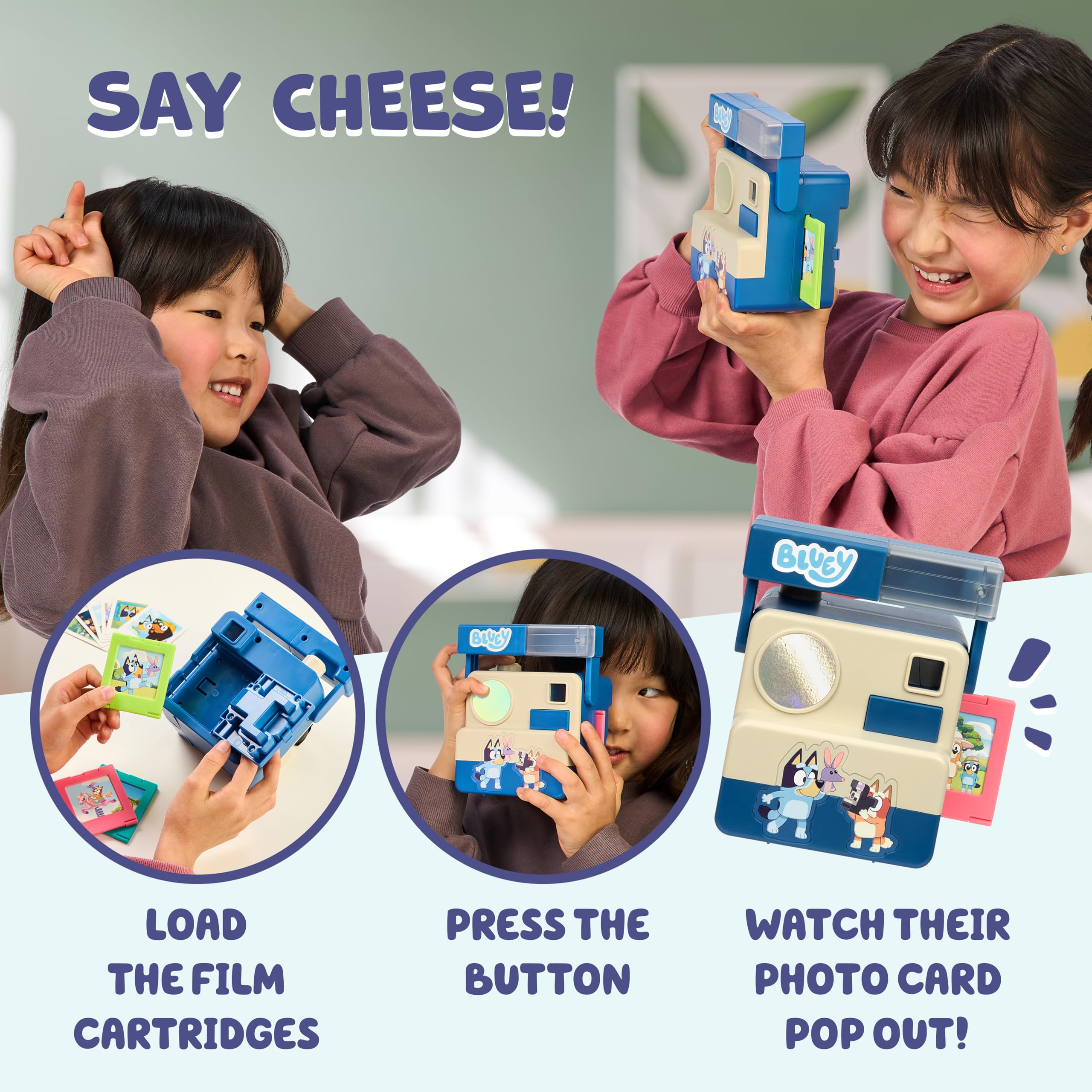 Bluey Chikit Chikit Pretend Camera, Role Play Toy Camera for Kids with 10 Photo Cards, 3 Pop-Out Film Cartridges, Toddler Toys Playset for Ages 3+