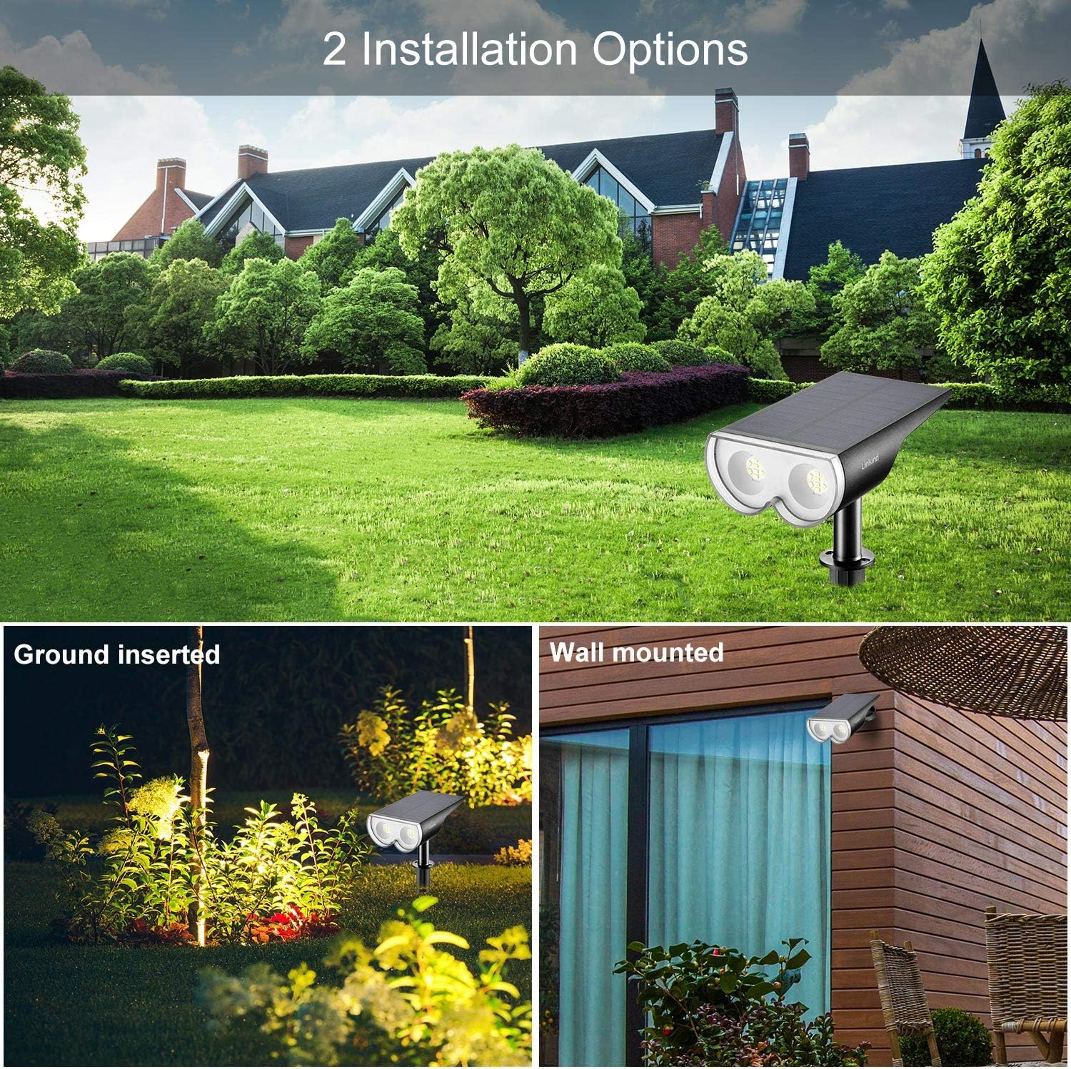 Linkind 16 LEDs Solar Landscape Spotlights, Dusk-to-Dawn IP67 Waterproof Solar Powered Spot Lights, 6500K Daylight White, Outdoor Wall Lights for Garden Yard Driveway Porch Walkway, 2 Pack - - 