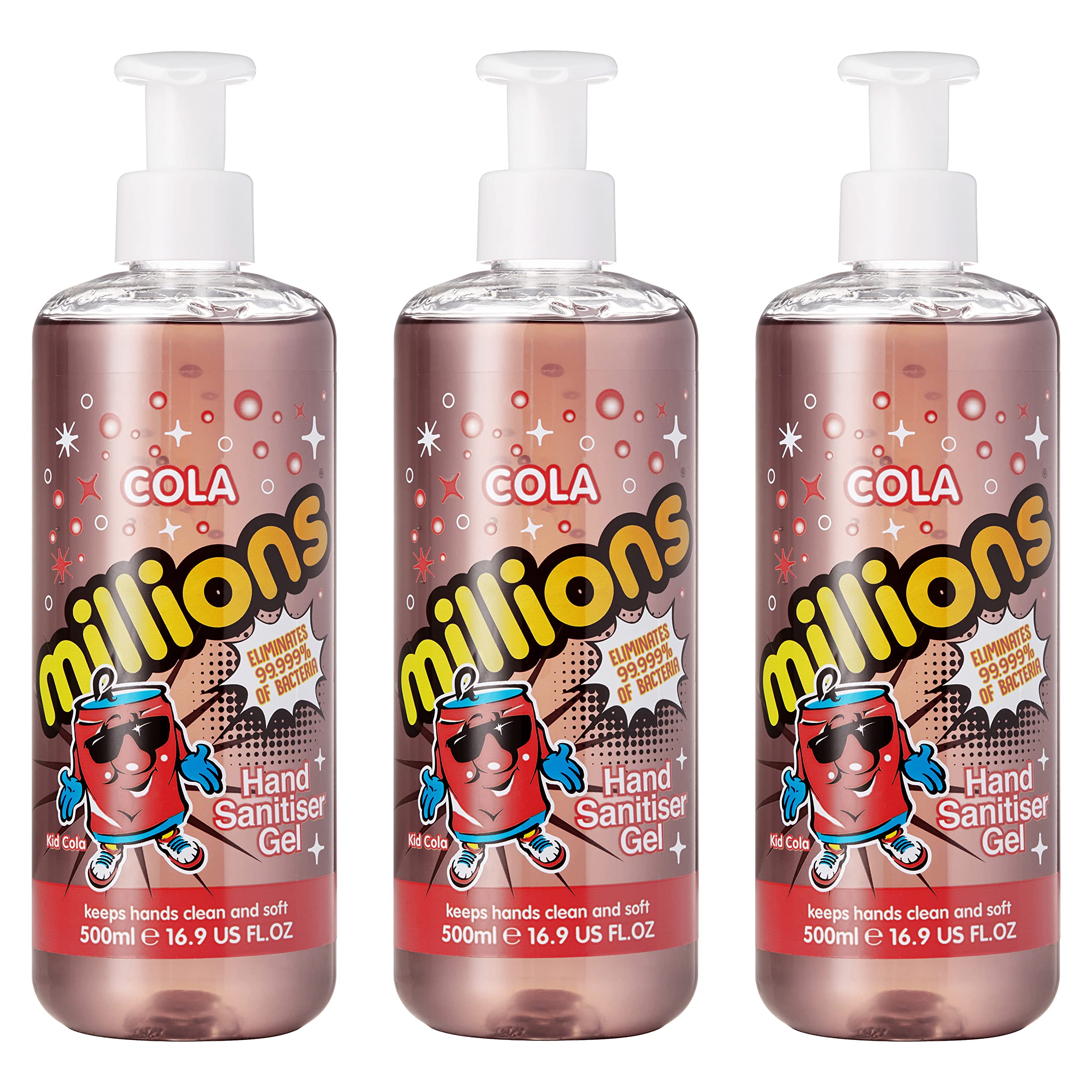 Millions Hand Sanitiser Gel | Eliminates 99.999% of Bacteria | 70% Alcohol | Scented & Fruity Fragrance (Cola, 500ml x3)