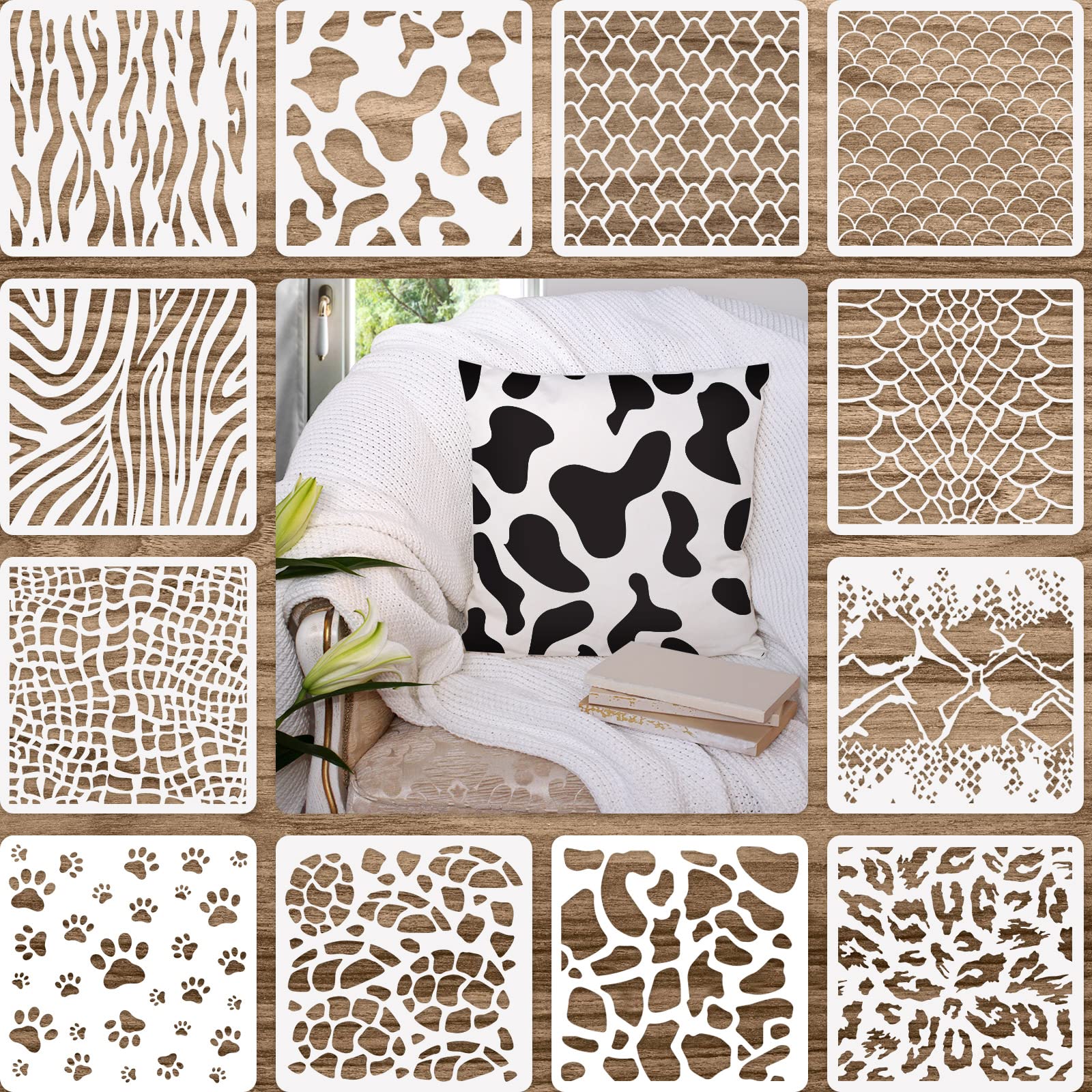 Outus 12 Pieces Animal Print Stencils Art Painting Templates DIY Design Stencils for Scrapbooking Drawing Tracing DIY Furniture Wall Floor Decor, 7.87 x 7.87 Inch