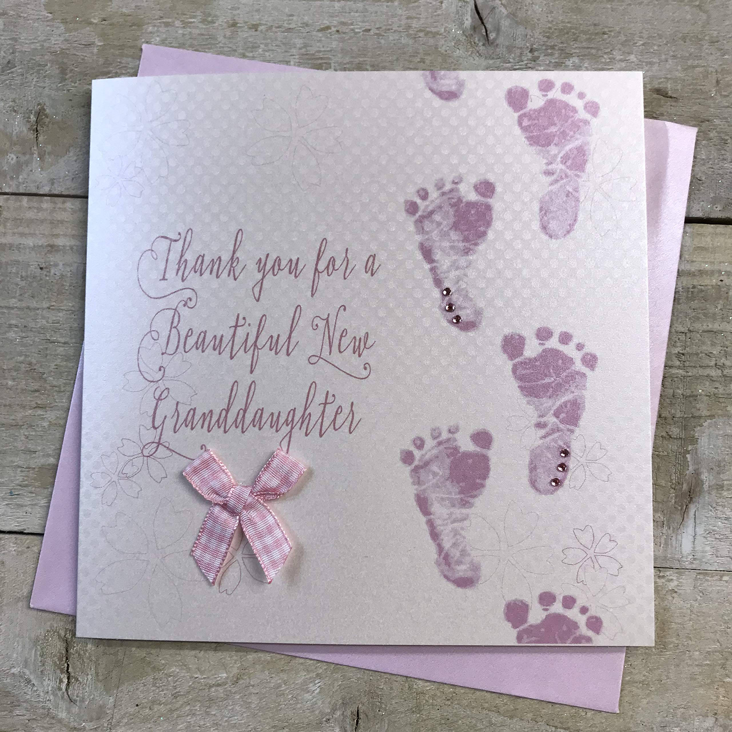 WHITE COTTON CARDS Thank You for a Beautiful New Granddaughter Handmade Card - Footprints WB225-BGD,16cm x 16cm