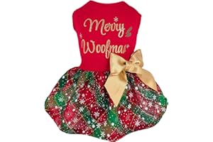 Fitwarm Merry Woofmas 100% Cotton Dog Christmas Outfits Girl Dog Holiday Dress Lightweight Doggie Costume Puppy Clothes Pet Apparel with Bowknot Cat Clothing Red Large