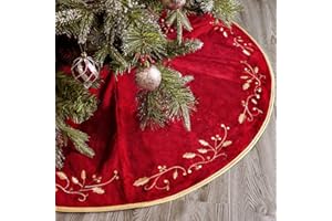 Bunny Chorus Christmas Tree Skirt, 48 inches Red Luxury Velvet Plush Fur Skirts with Gold Embroidered Holly Leaf for Rustic Xmas Tree Holiday Decorations