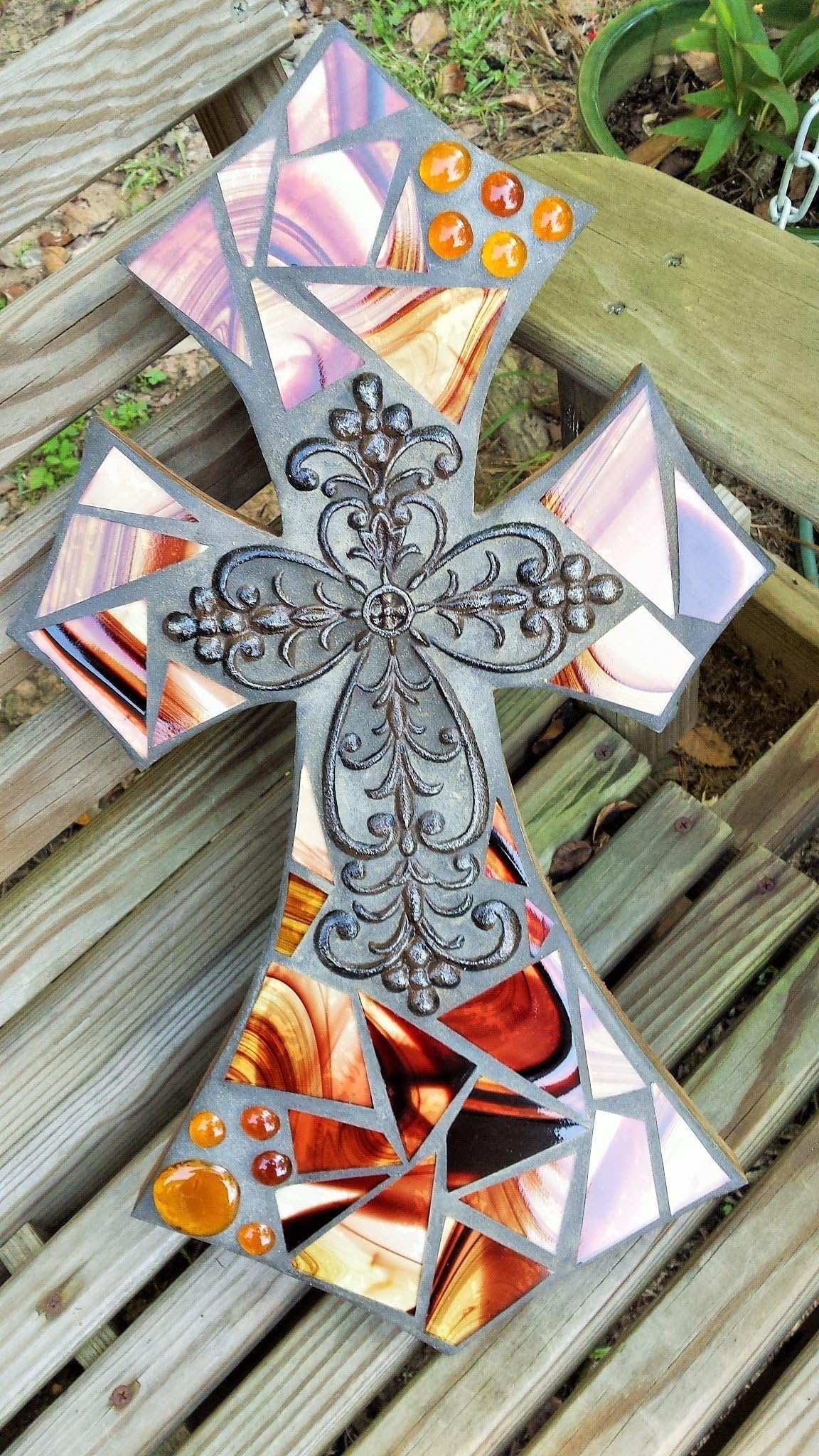Mosaic Cross, Brown Mosaic Stained Glass Cross, Mosaic Wall Hanging, Decorative Cross