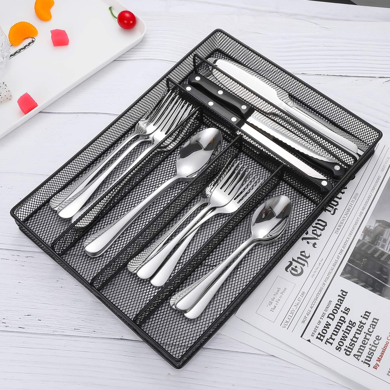  | Silverware Flatware Set, TOPBOOC 24- Piece Stainless Steel Cutlery Set, Utensils Set Service for 4, Include Knife/Fork/Spoon/Steak Knife/Wire Mesh Steel Cutlery Caddy, Mirror Polished (Silver, 24): Flatware Sets