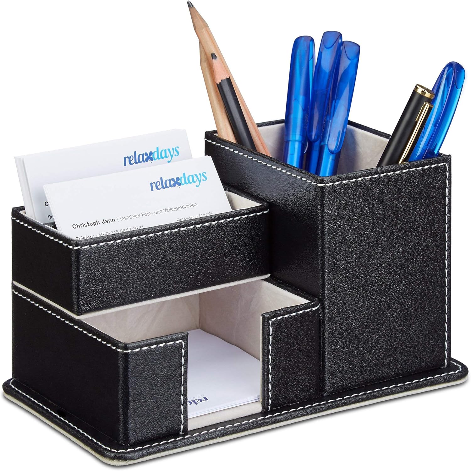 Relaxdays Faux Leather Pen Holder, Desk Organizer for Pencils, Memos